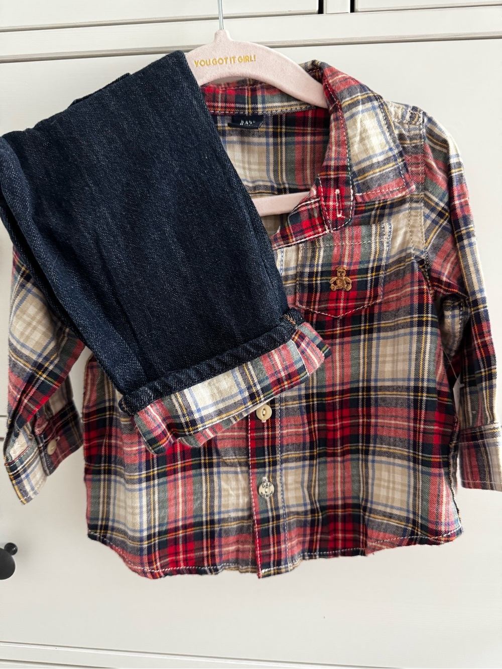 Baby GAP matching set Plaid Button-Up Shirt and Matching Loose fit Jeans - 6-12M
